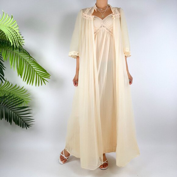 Vintage 60s Cream Lace Cottagecore Nightgown Peignoir Slip Dress & Robe Set / S - Picture 5 of 6